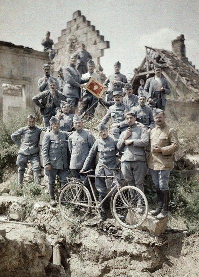 French Officers of the 370th Infantry Regiment Posing in the Ruins after the Attack of German Troops at the Chemin des Dames near Reims during World War I, Aisne, France by Fernand Cuville